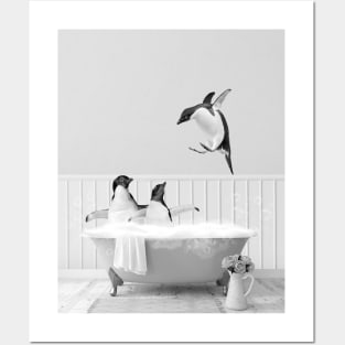 Penguins having fun in bathtub black and white Posters and Art